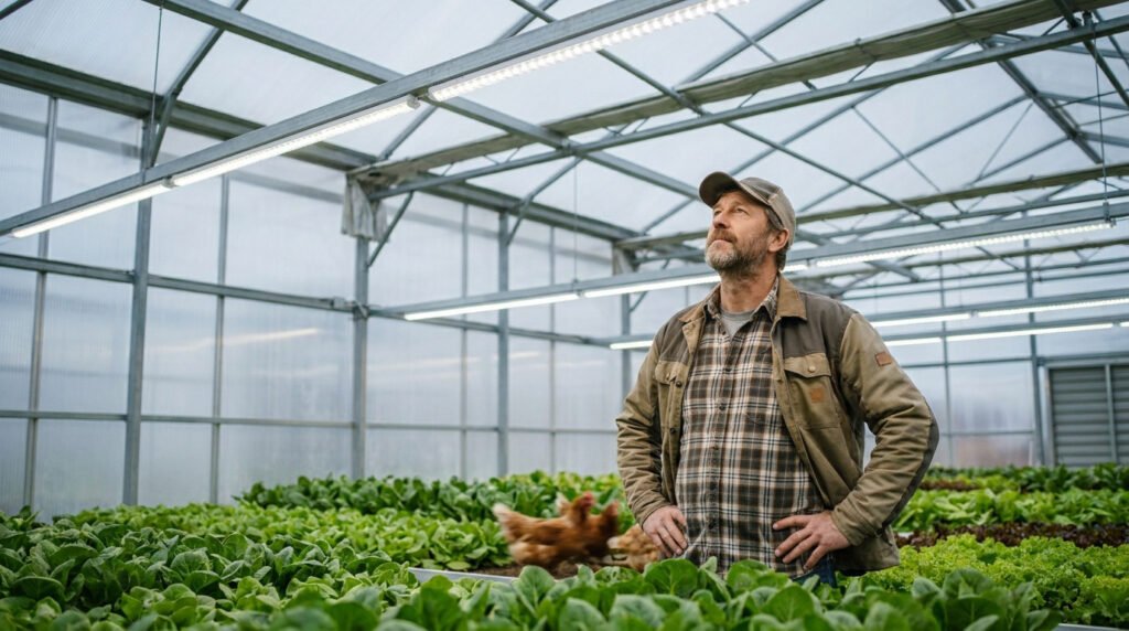 Un agriculteur regarde le système d'éclairage LED installé au plafond de sa serre remplie de laitues et de poules.