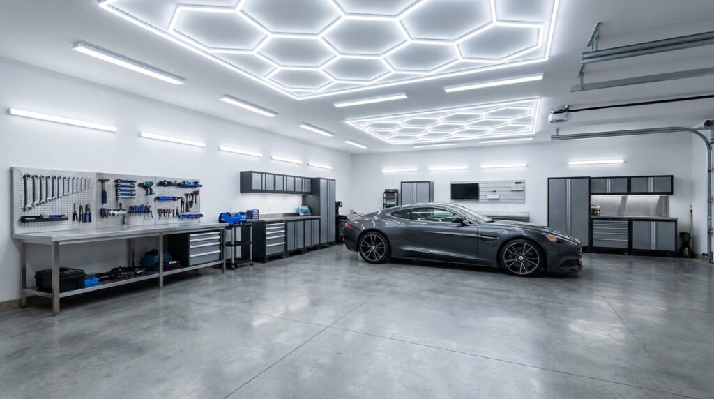 Un garage spacieux avec une voiture de sport grise, des outils muraux et un éclairage LED hexagonal au plafond.