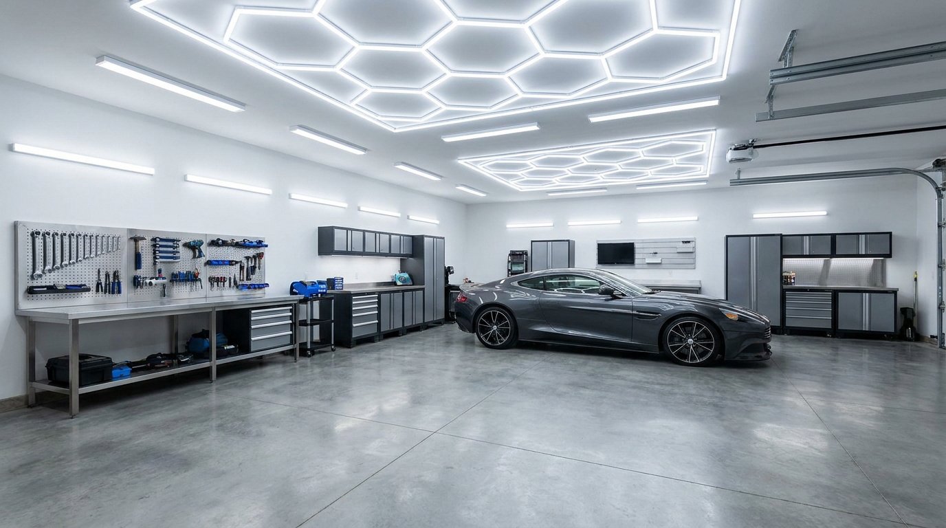 Un garage spacieux avec une voiture de sport grise, des outils muraux et un éclairage LED hexagonal au plafond.