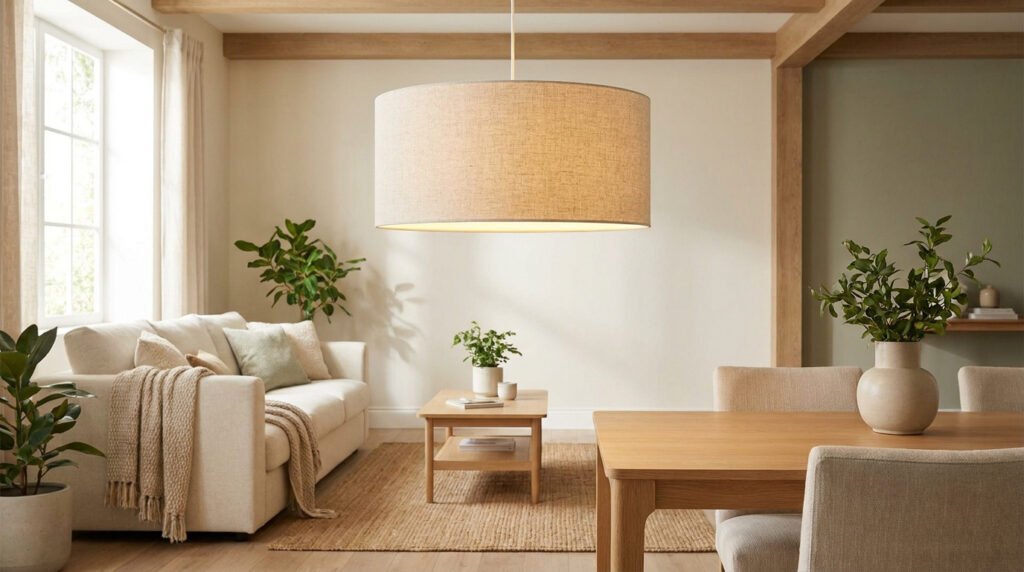 Suspension ronde en lin beige installée dans un salon moderne et lumineux aux tons naturels.