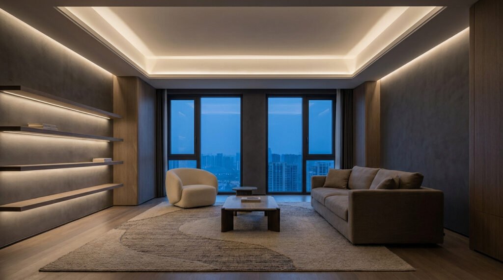 Salon moderne avec éclairage LED indirect en corniche et étagères lumineuses