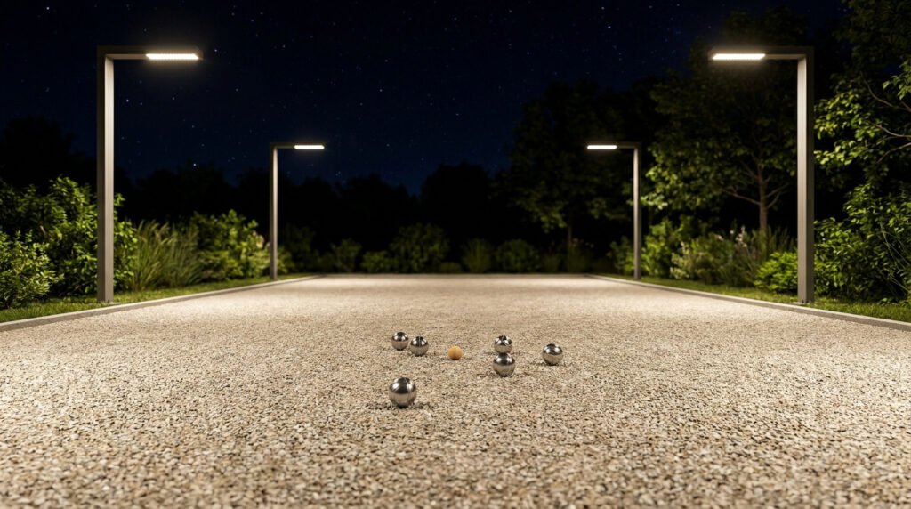 Terrain de pétanque éclairé par des lampadaires LED modernes sous un ciel étoilé avec des boules au premier plan.