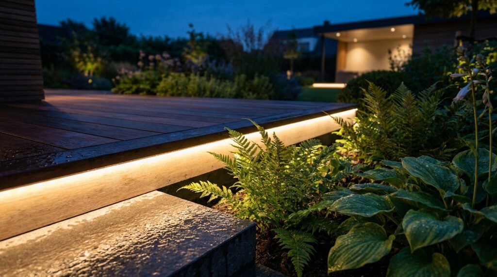 Ruban LED extérieur éclairant le rebord d'une terrasse en bois entourée de plantes la nuit.
