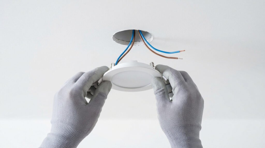 Mains gantées installant un spot LED rond dans un trou percé au plafond avec des fils électriques apparents.