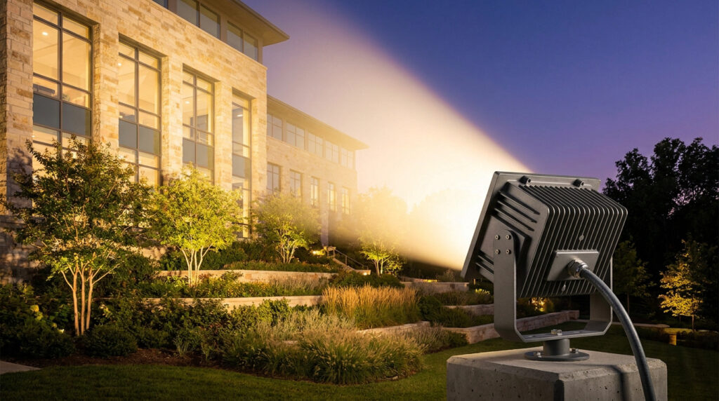 Projecteur LED extérieur illuminant une façade de bâtiment moderne et son jardin paysager à la tombée de la nuit.